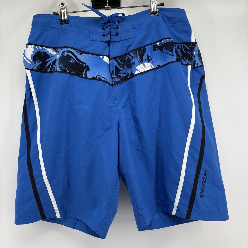 Speedo Swim Trunks Mens Large Blue Hawaiian‎ Print Draw String